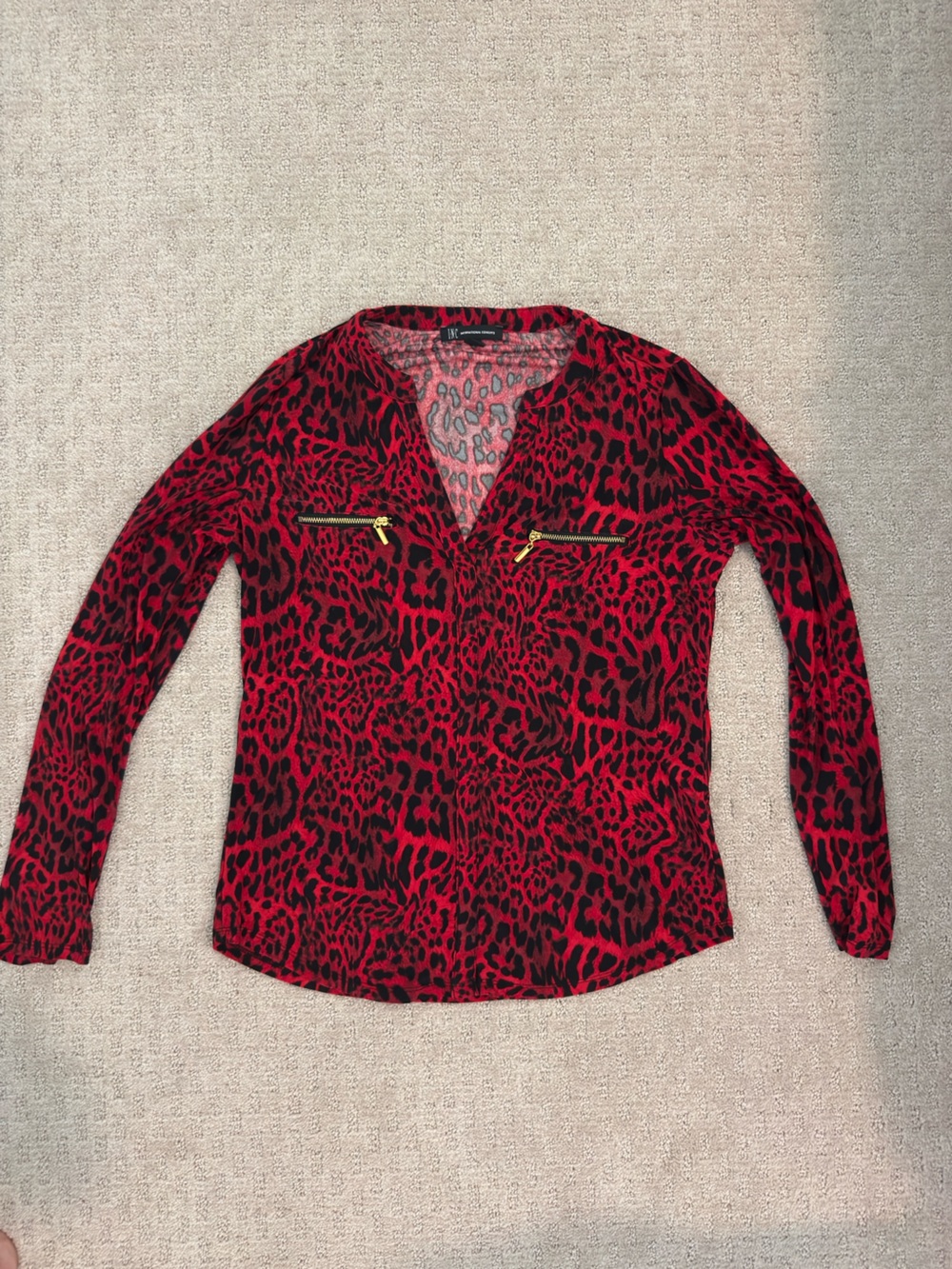 Red Leopard Print Long-Sleeve Blouse with Gold Zippers